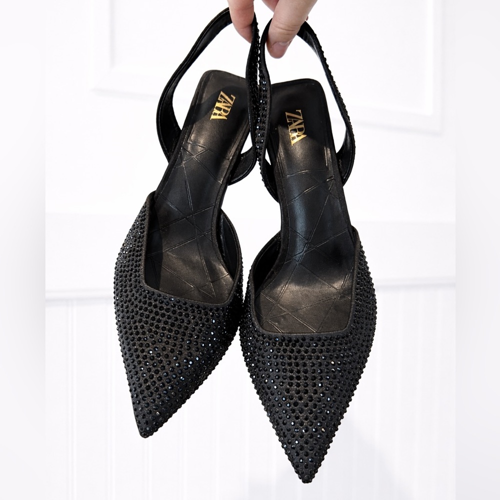ZARA Black Crystal-Embellished Pointed Slingback 3” Heels